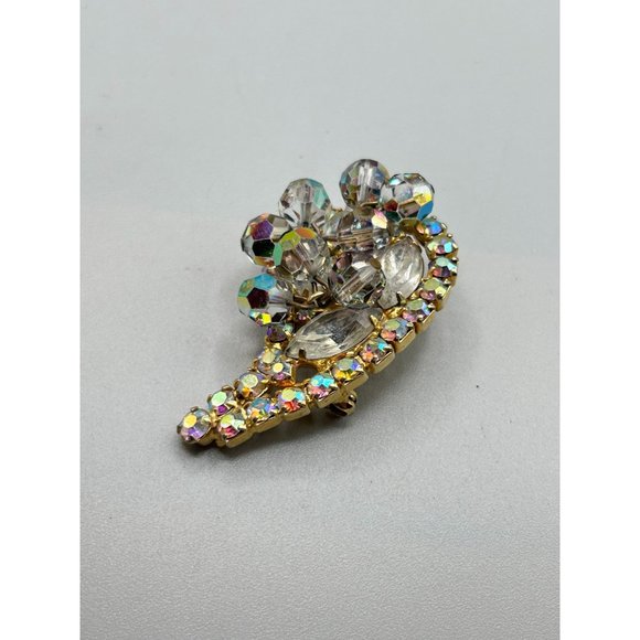 Vintage Paisley Brooch with AB Beads Smokey Grey Rhinestones Gold Tone Setting - Picture 4 of 7